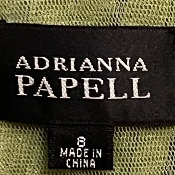 Adrianna Pappell‎ Green Metallic V-Neck Scalloped Cocktail Midi Dress Size 8 - Picture 7 of 10